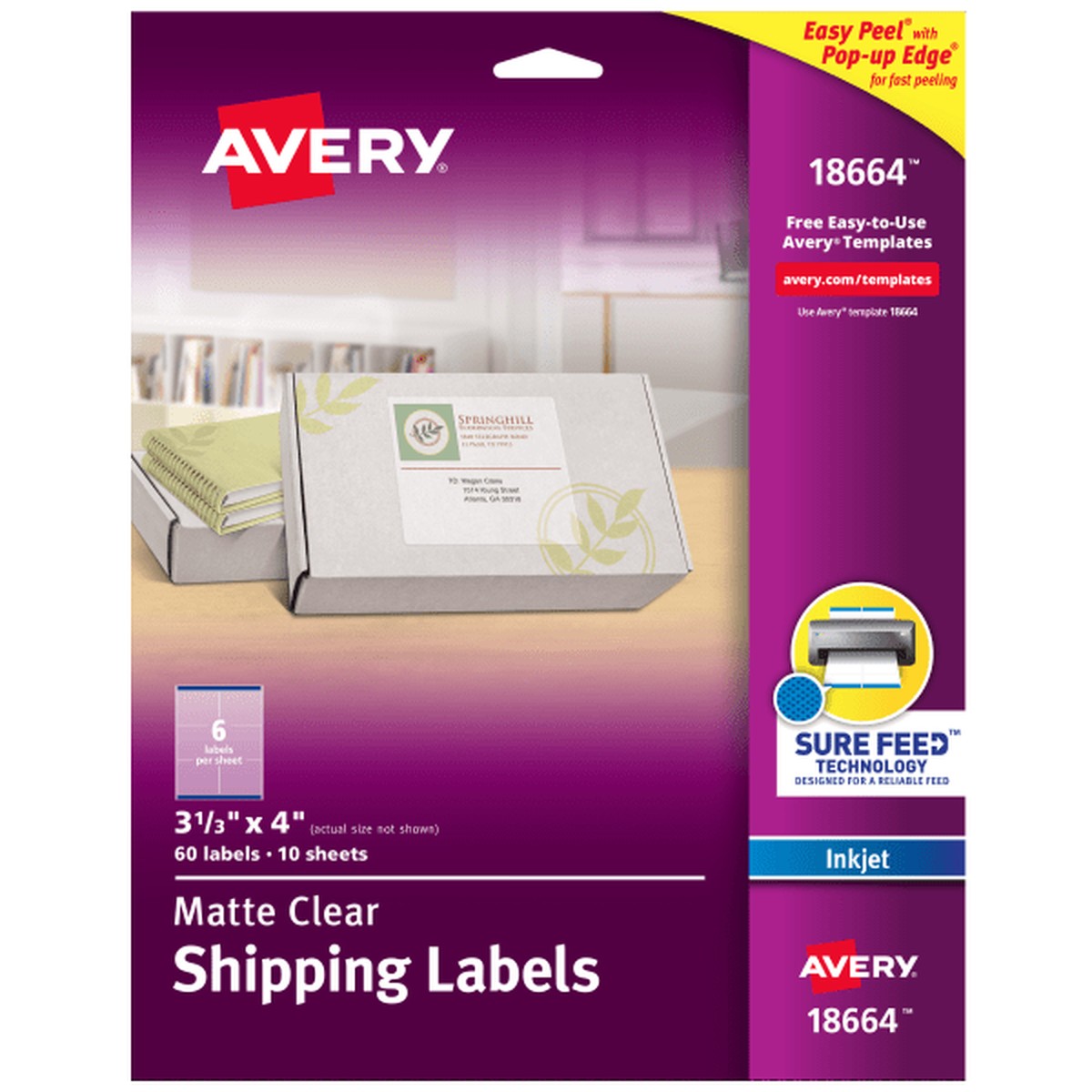 Avery Easy Peel Inkjet Printer Mailing Labels - 3 21/64" Width x 4" Length - Permanent Adhesive - Rectangle - Inkjet - Clea