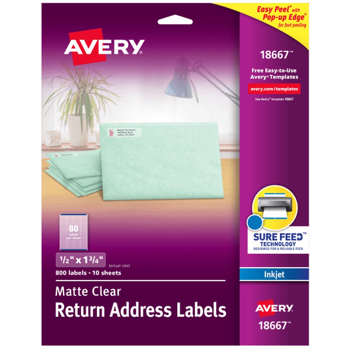 Avery Easy Peel Inkjet Printer Mailing Labels - 1/2" Width x 1 3/4" Length - Permanent Adhesive - Rectangle - Inkjet - Clea