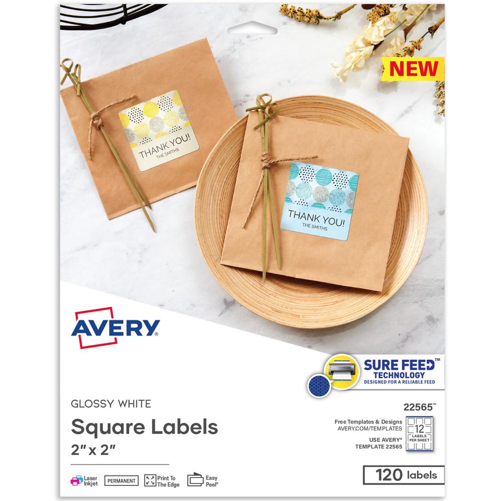 Avery Printable Square Labels, 22565, 2”W x 2”D, Glossy White, Pack Of 120 Labels - 2" Width x 2" Length - Perm