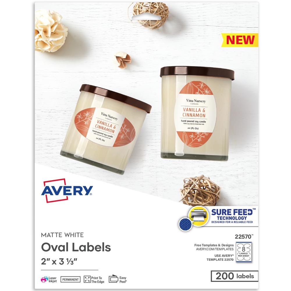 Avery Printable Blank Oval Labels, 22570, 3-5/16”W x 3”D, White, Pack Of 200 Labels - 2" Width x 3 21/64" Lengt