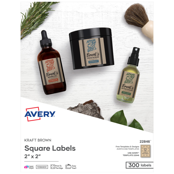 Avery Promotional Label - 2" Width x 2" Length - Permanent Adhesive - Square - Laser, Inkjet - Kraft Brown - Paper - 12 / S