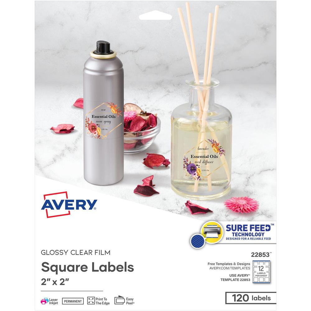 Avery Sure Feed Glossy Labels - 2" Width x 2" Length - Permanent Adhesive - Square - Laser, Inkjet - Crystal Clear - Film -