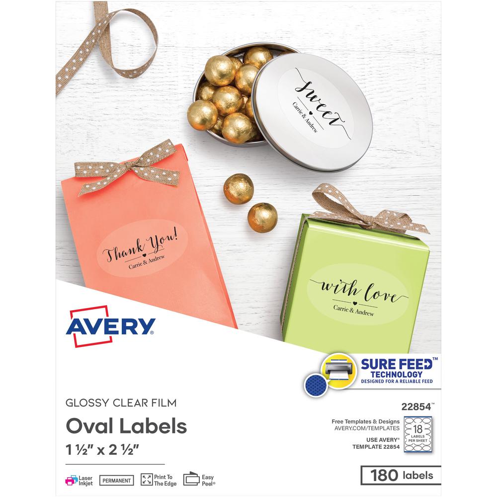 Avery Sure Feed Glossy Labels - 1 1/2" Width x 2 1/2" Length - Permanent Adhesive - Oval - Laser, Inkjet - Crystal Clear - 