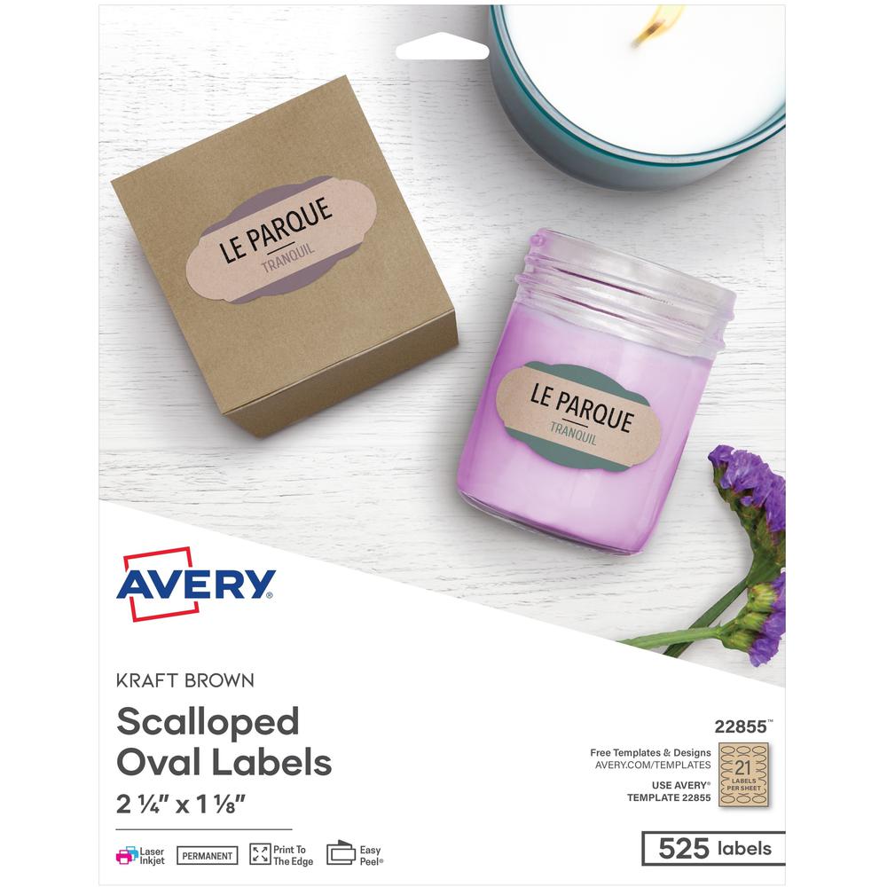 Avery Multipurpose Label - 2 1/4" Width x 1 1/8" Length - Permanent Adhesive - Oval Scallop - Laser, Inkjet - Kraft Brown -