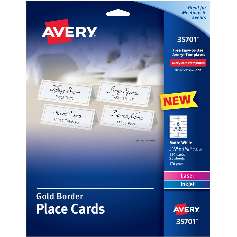 Avery Place Cards With Gold Border 1-7/16" x 3-3/4" , 65 lbs. 150 Cards - 97 Brightness3 3/4" x 1 7/16" - 65 lb Basis Weigh
