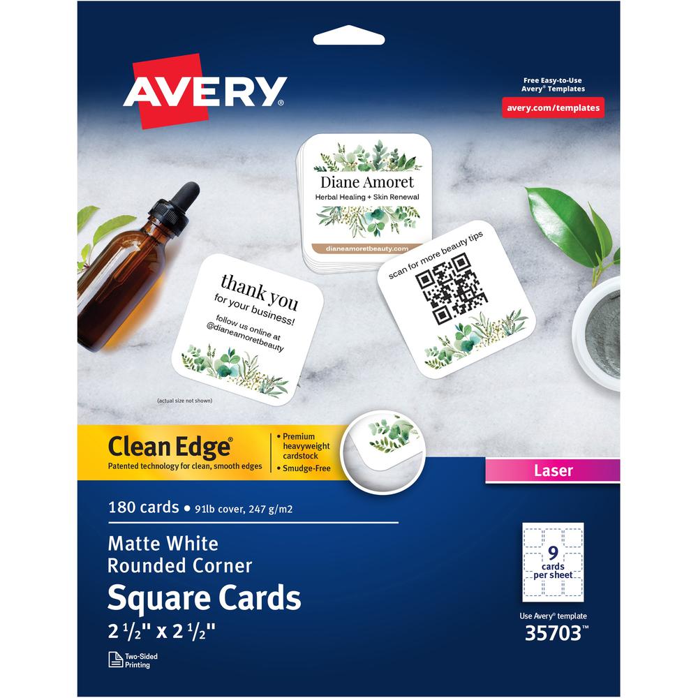 Avery Avery Square Cards w/Rounded Edges, 2.5"x2.5" , 90 lbs. 180 Laser Cards - 145 Brightness2 1/2" x 2 1/2" - 90 lb Basis