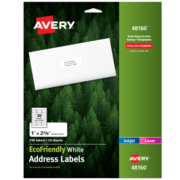 Avery EcoFriendly Address Labels - 1" Width x 2 5/8" Length - Permanent Adhesive - Rectangle - Laser, Inkjet - White - Pape
