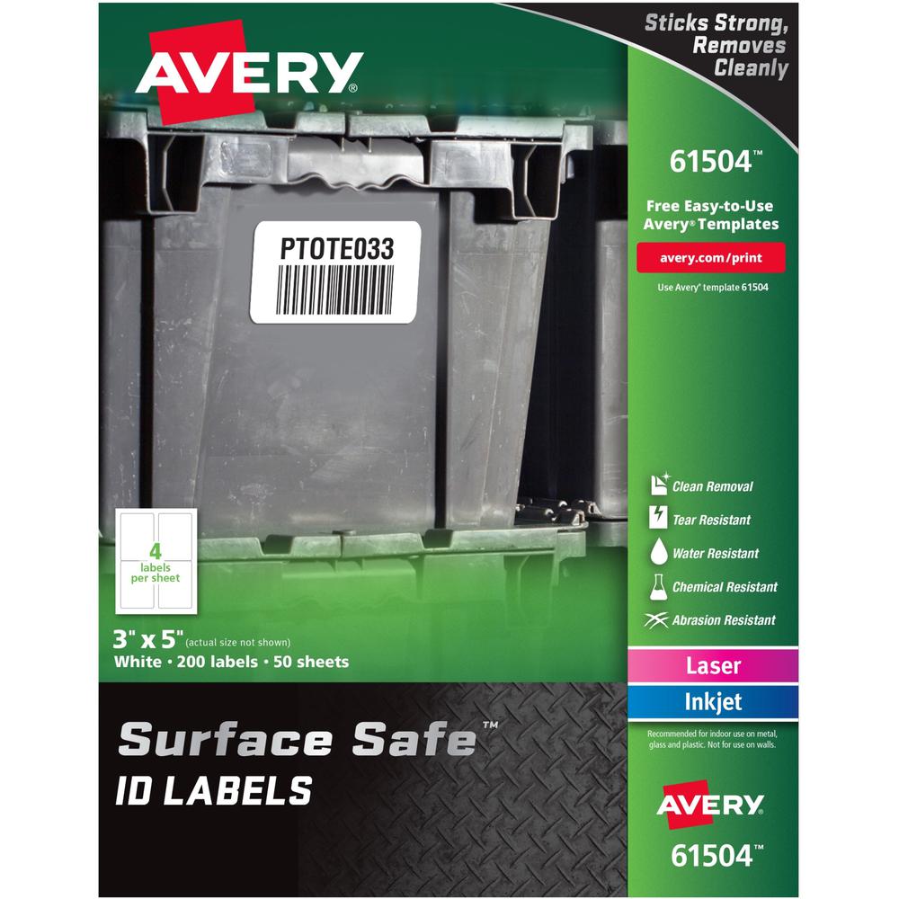 Avery Surface Safe ID Label - 3" Width x 5" Length - Removable Adhesive - Rectangle - Laser, Inkjet - White - Film - 4 / Sh