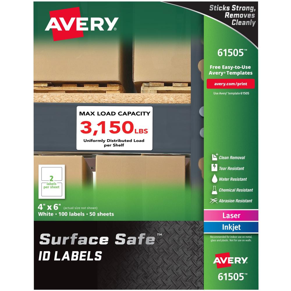 Avery Surface Safe ID Labels - 4" Width x 6" Length - Removable Adhesive - Rectangle - Laser, Inkjet - White - Film - 2 / S