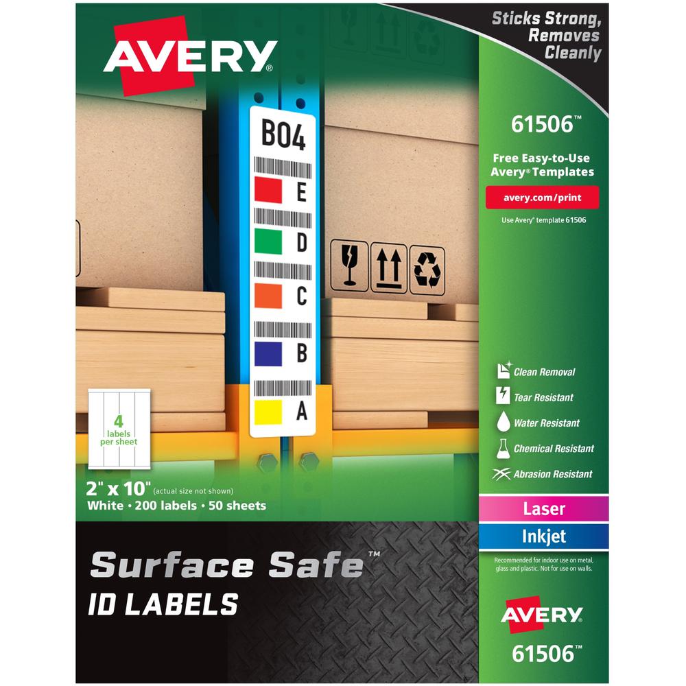 Avery Surface Safe ID Label - 2" Width x 10" Length - Removable Adhesive - Rectangle - Laser, Inkjet - White - Film - 4 / S