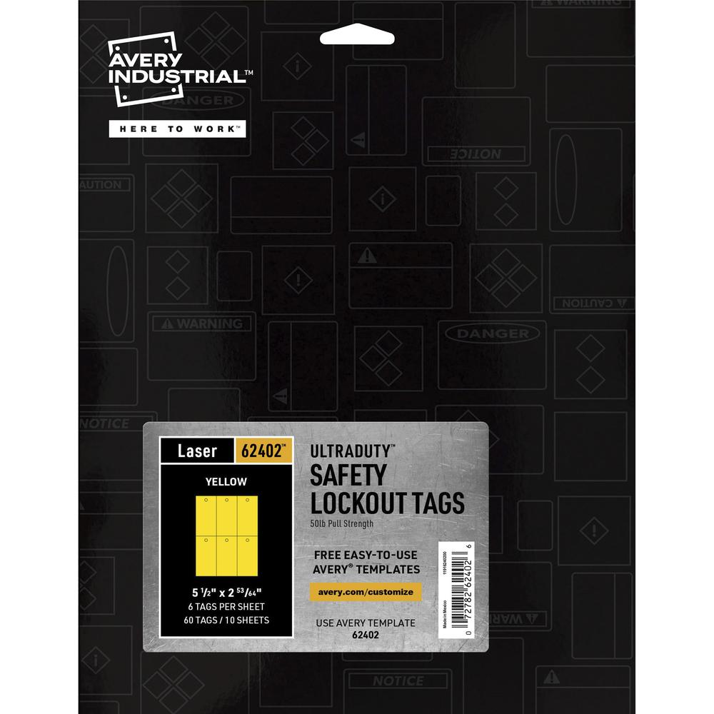 Avery UltraDuty Lock Out Tag Out Hang Tags - 2.92" Length x 5.50" Width - 60 / Pack - Plastic - Yellow