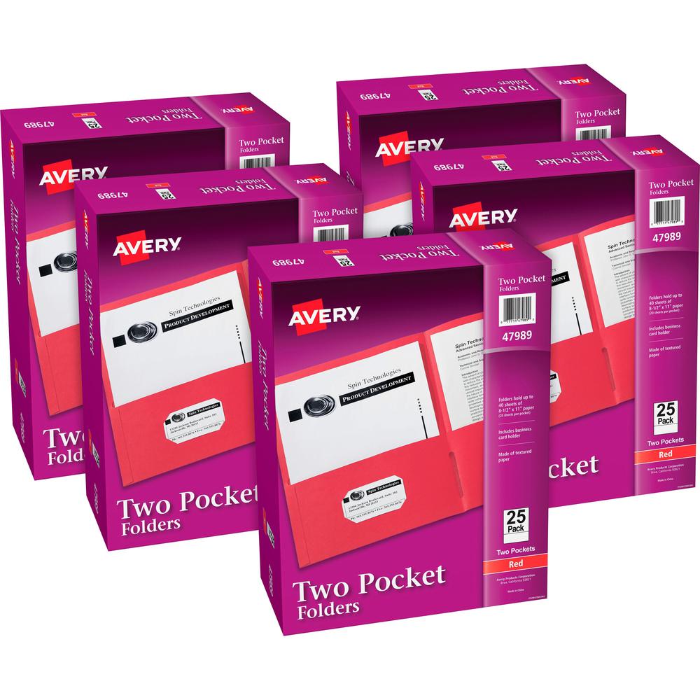 Avery Letter Pocket Folder - 8 1/2" x 11" - 40 Sheet Capacity - 2 Internal Pocket(s) - Embossed Paper - Red - 125 / Carton