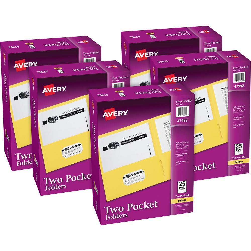 Avery Letter Pocket Folder - 8 1/2" x 11" - 40 Sheet Capacity - 2 Internal Pocket(s) - Embossed Paper - Yellow - 125 / Cart
