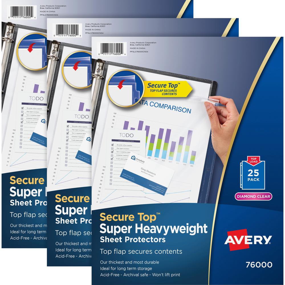 Avery Secure Top Sheet Protectors - For Letter 8 1/2" x 11" Sheet - 3 x Holes - Ring Binder - Top Loading - Clear - Polypro