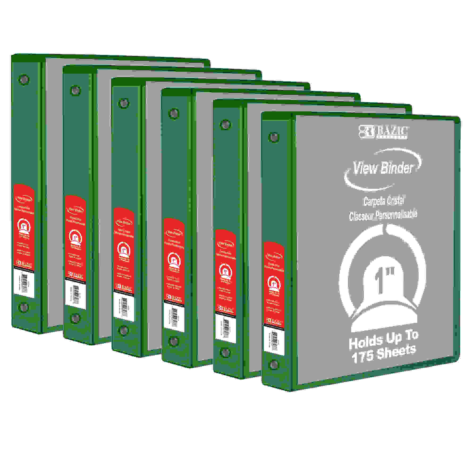 3-Ring View Binder with 2 Pockets, 1", Green, Pack of 6