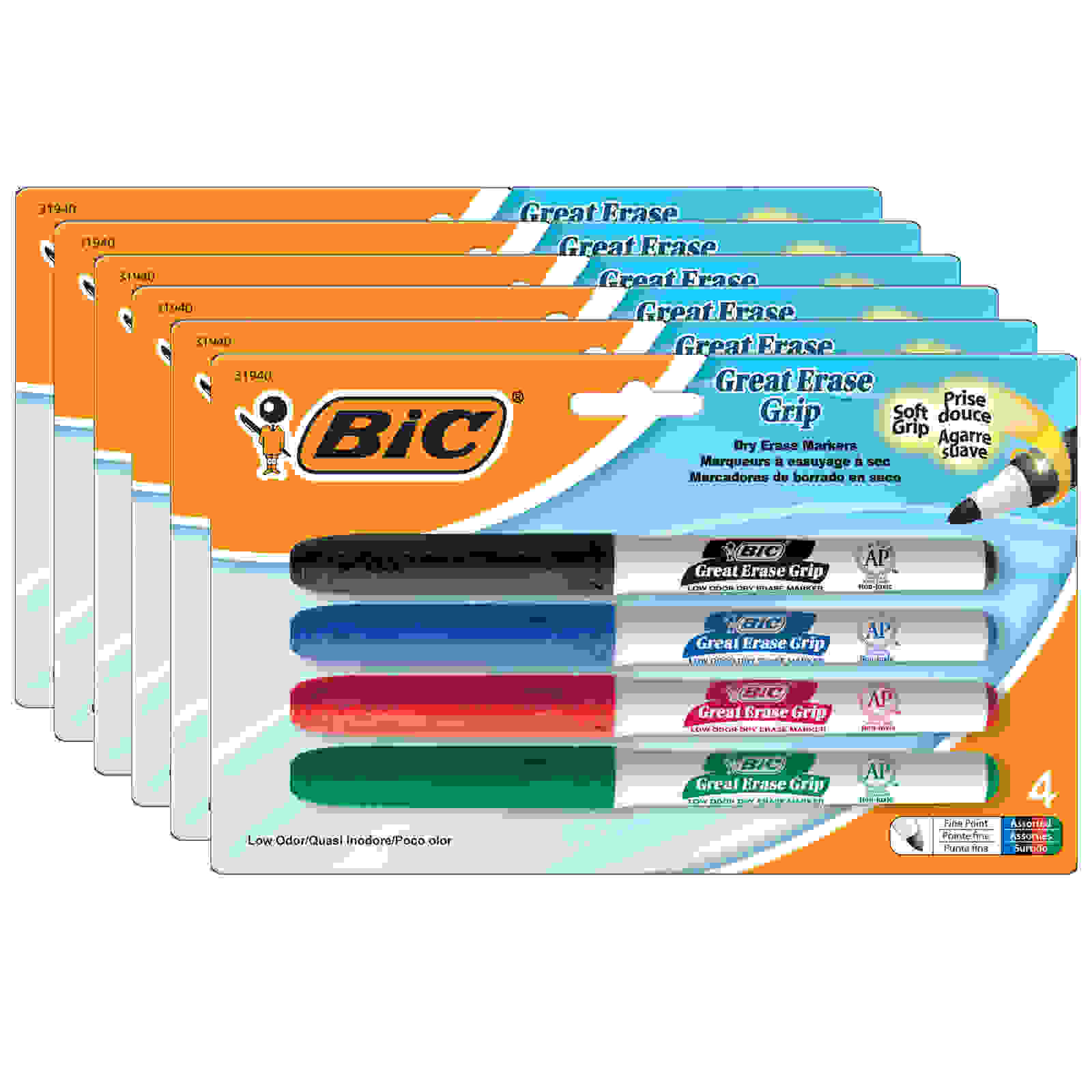 Great Erase Low Odor Dry Erase Markers, Fine Point, Assorted Colors, 4 Per Pack, 6 Packs