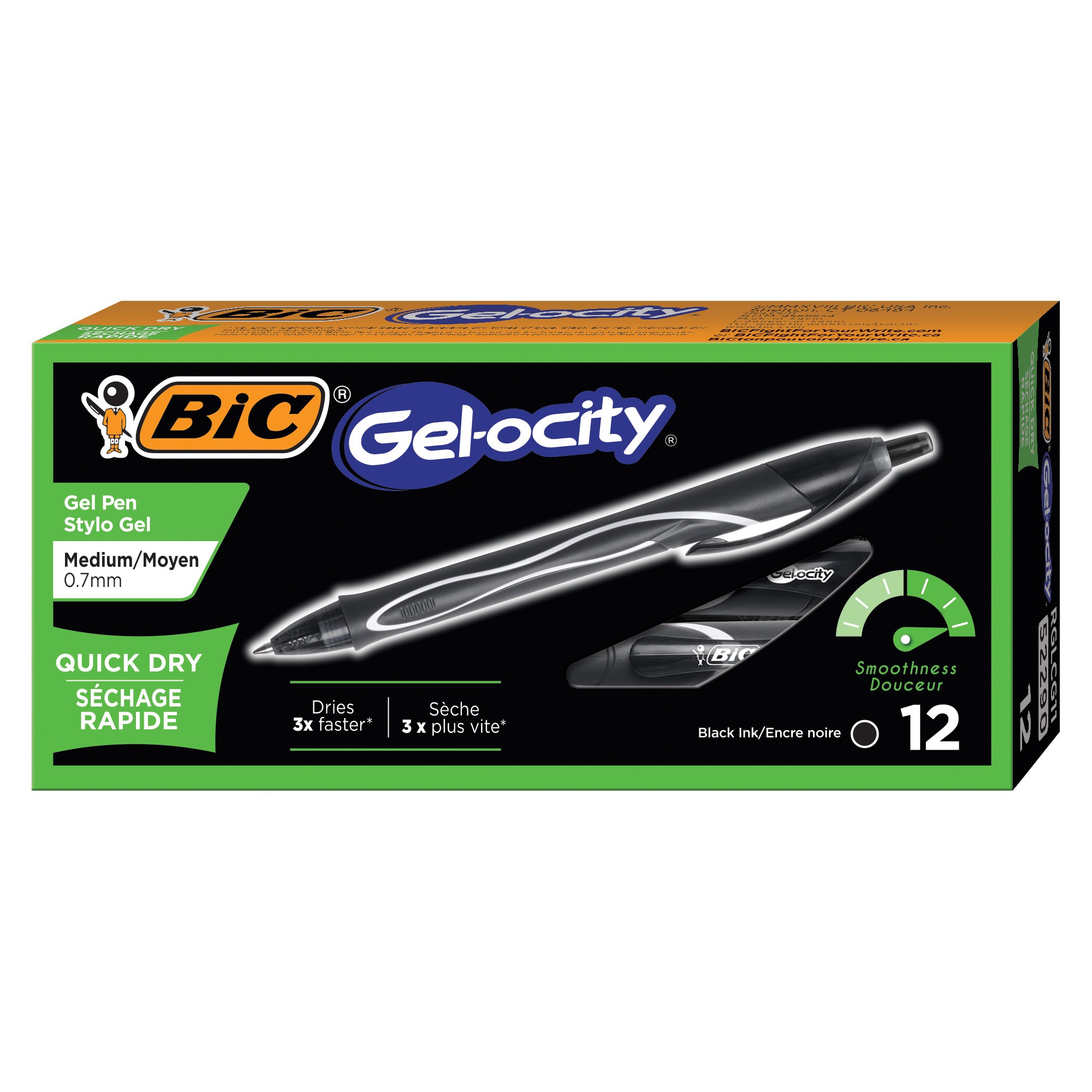 BIC Gel-ocity .7mm Retractable Pen - Medium Pen Point - 0.7 mm Pen Point Size - Retractable - Black Gel-based Ink - 1 Dozen