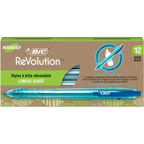 BIC ReVolution Ballpoint Pen - Medium Pen Point - 1 mm Pen Point Size - Retractable - Blue - Semi Clear Barrel - 12 / Pack