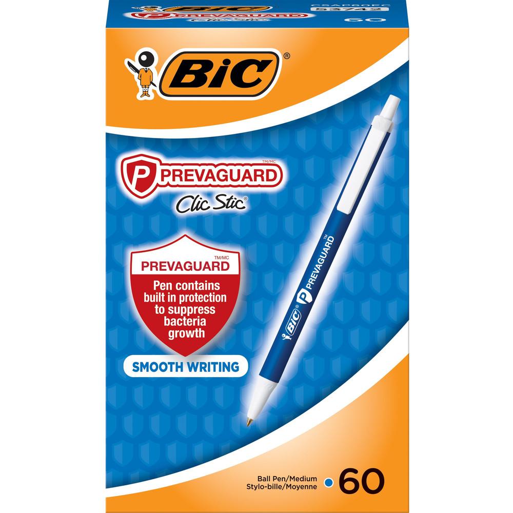BIC PrevaGuard Clic Stic Antimicrobial Pens - Medium Pen Point - 1 mm Pen Point Size - Retractable - Blue - 60 / Box
