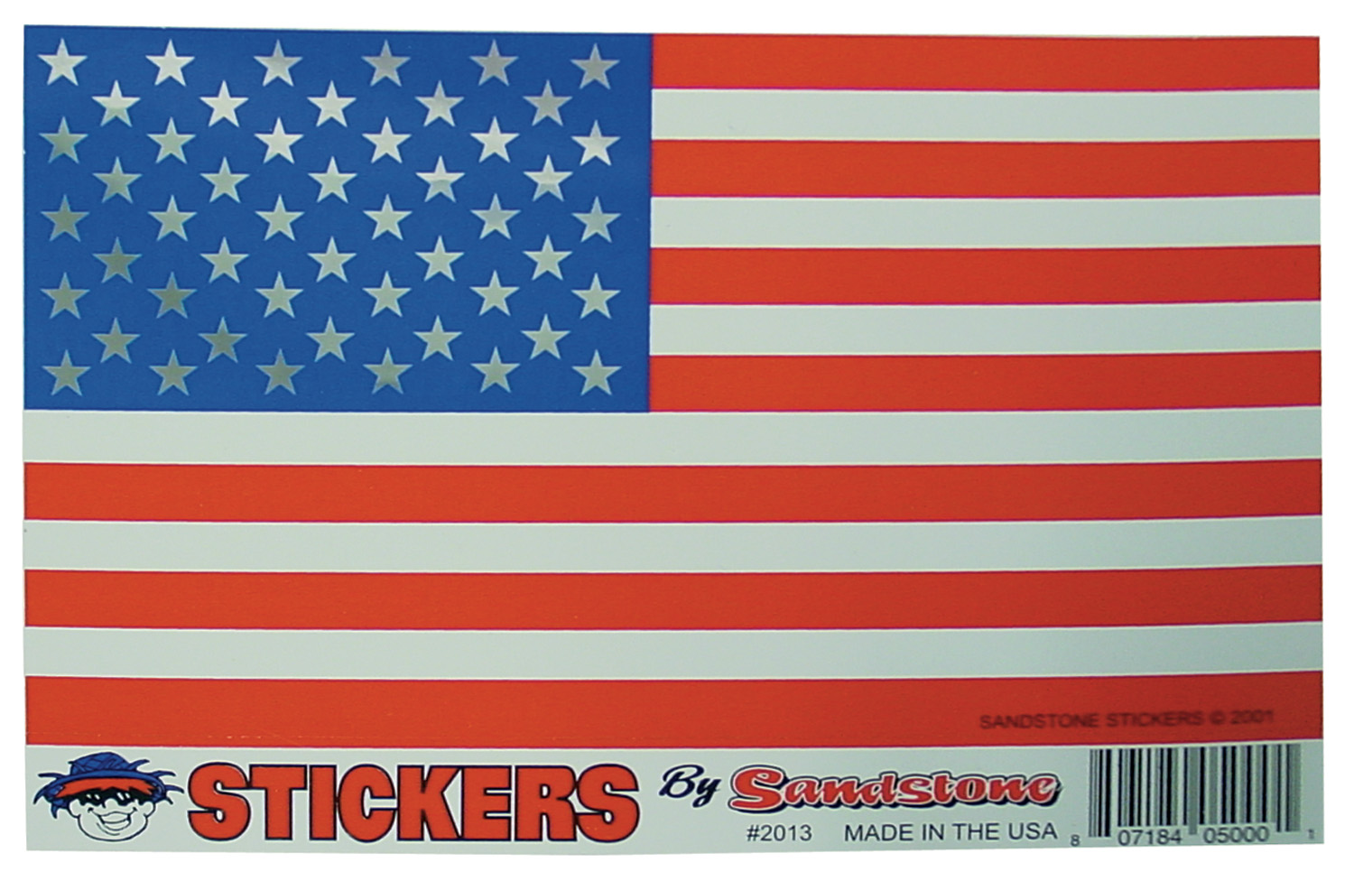 SANDSTONE - 6-1/4" X 3-5/8" AMERICAN FLAG FOIL STICKER. RED, WHITE, BLUE WITH SILVER STARS, MADE IN THE U.S.A