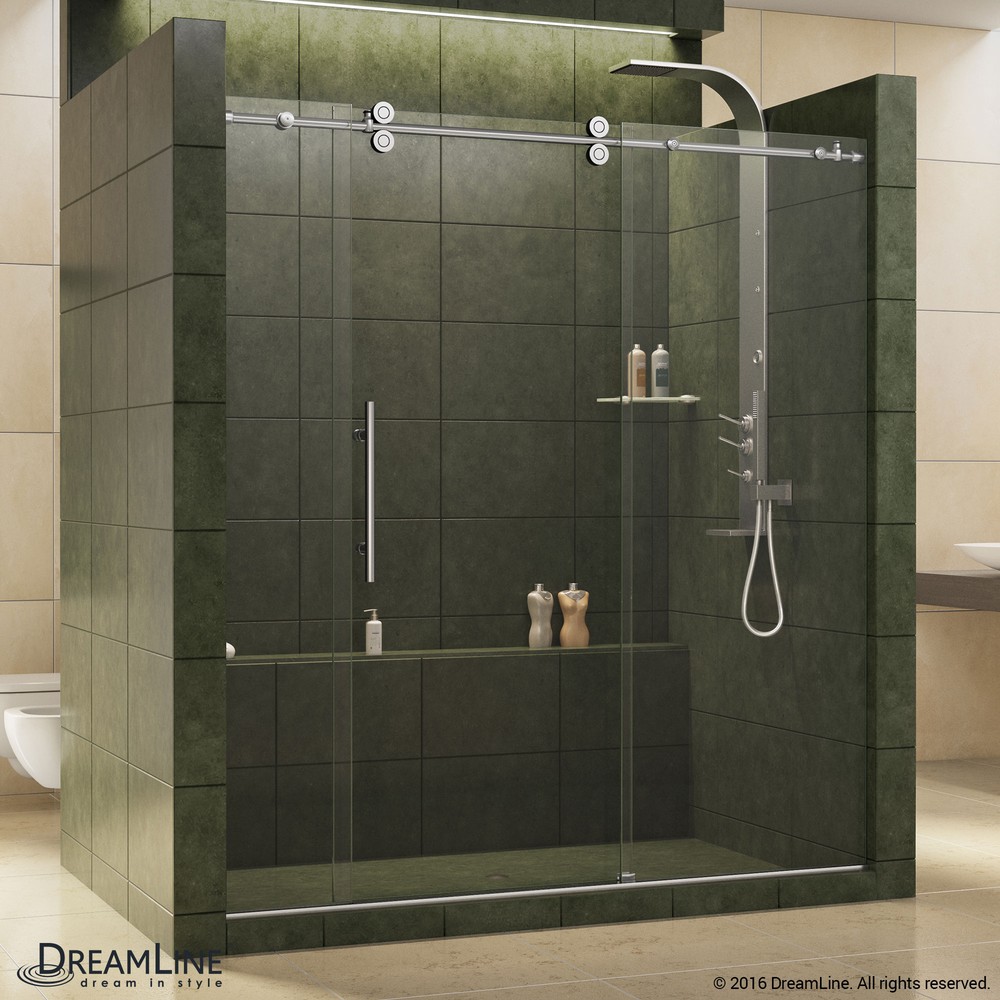 DreamLine Enigma 68-72 in. W x 79 in. H Fully Frameless Sliding Shower Door in Brushed Stainless Steel, 1/2 in. Glass