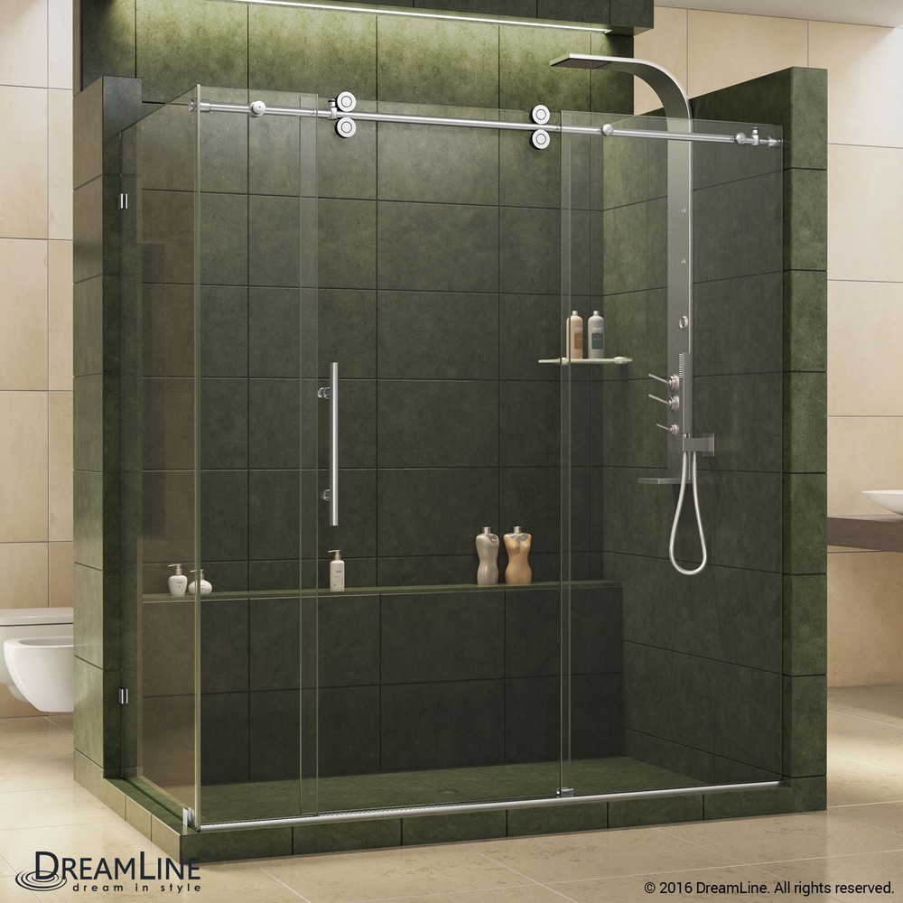 DreamLine Enigma 36 in. D x 68 1/2 - 72 1/2 in. W x 79 in. H Sliding Shower Enclosure in Brushed Stainless Steel, 1/2 in. Glass
