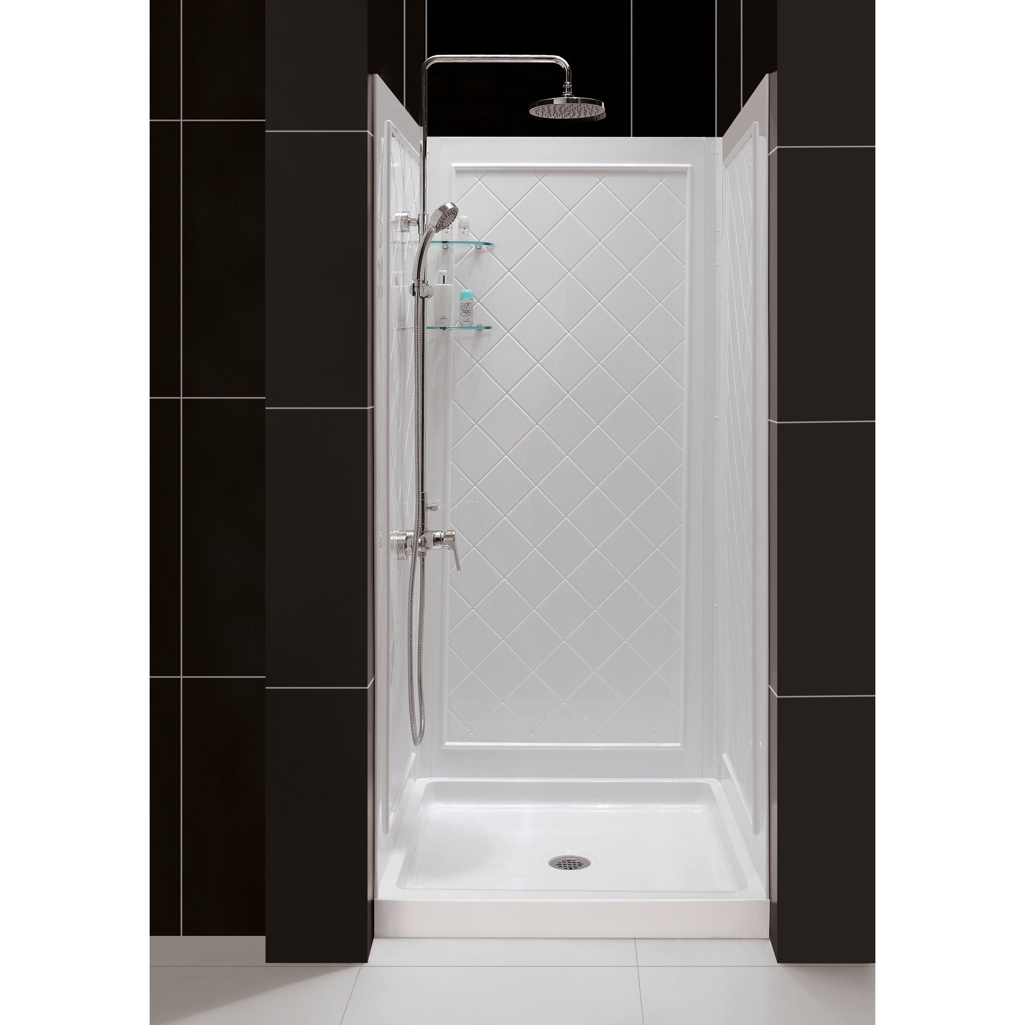DreamLine 36 in. D x 48 in. W x 76 3/4 in. H Center Drain Acrylic Shower Base and QWALL-5 Backwall Kit In White