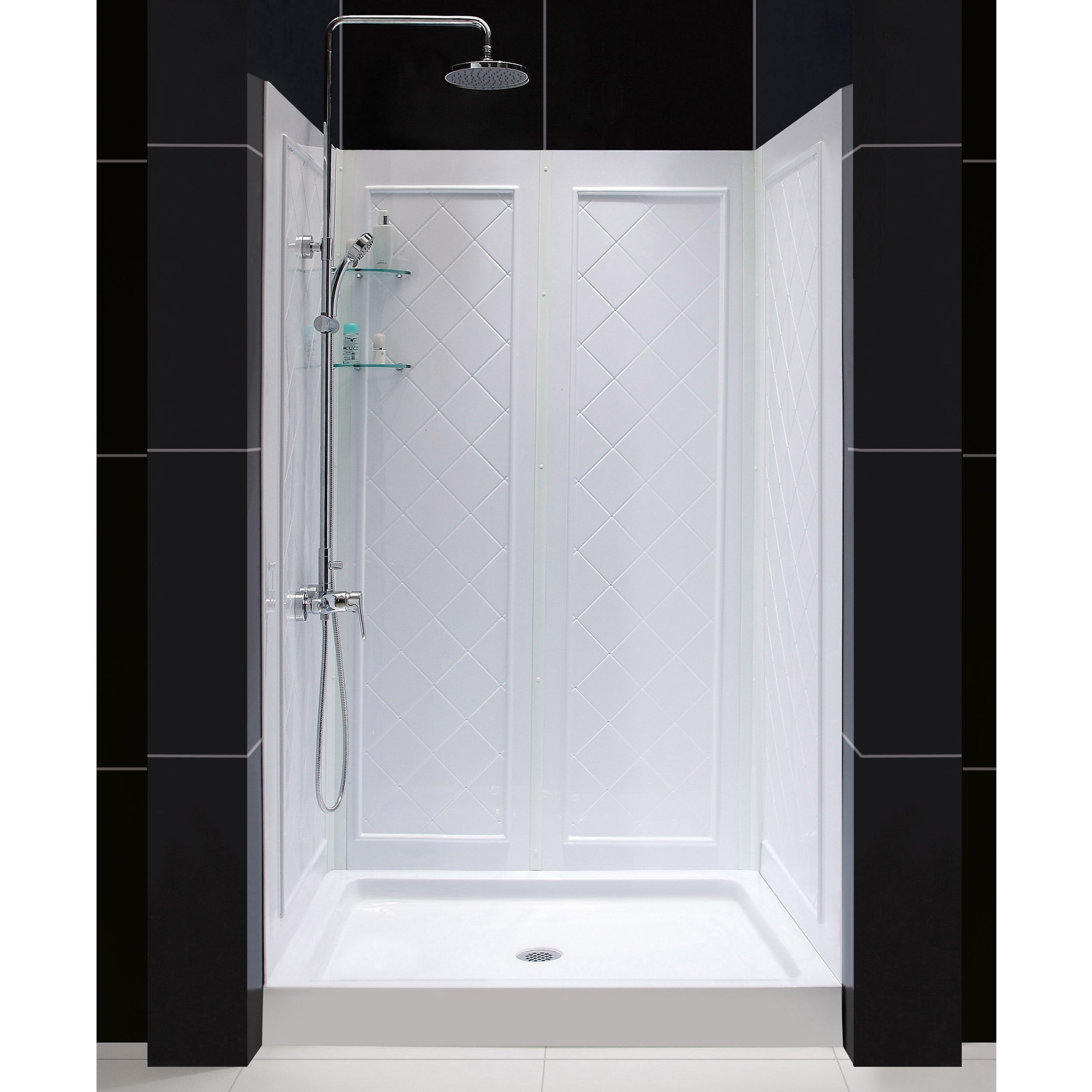 DreamLine 36 in. D x 36 in. W x 76 3/4 in. H Center Drain Acrylic Shower Base and QWALL-5 Backwall Kit In White