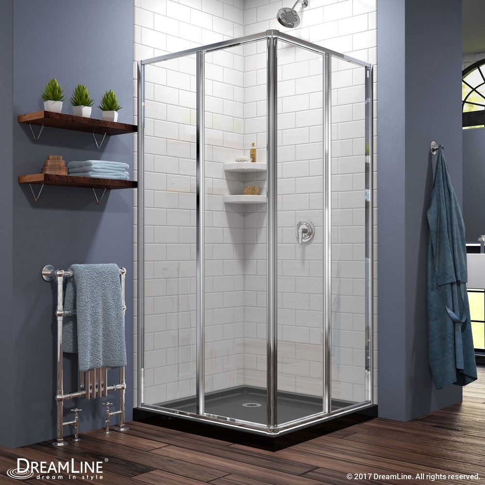 Cornerview Framed Sliding Shower Enclosure & SlimLine 36" by 36" Double Threshold Shower Base