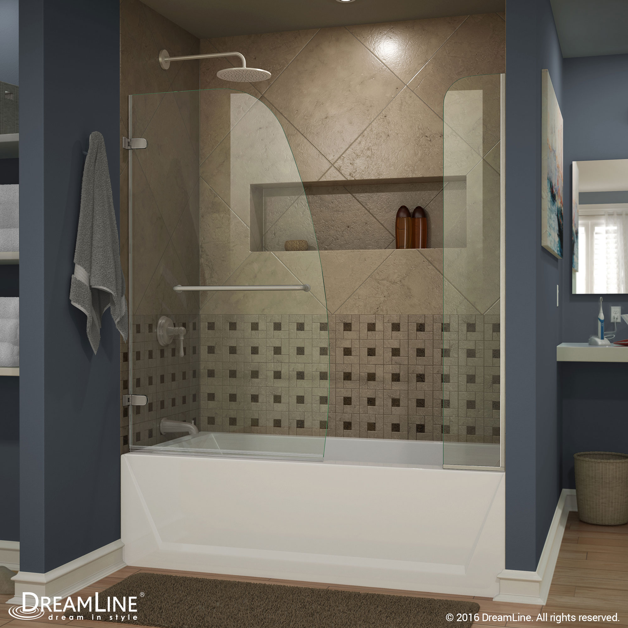 DreamLine Aqua Uno 56-60 in. W x 58 in. H Frameless Hinged Tub Door with Extender Panel in Chrome