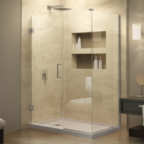 DreamLine Unidoor Plus 56 1/2 in. W x 34 3/8 in. D x 72 in. H Frameless Hinged Shower Enclosure, Clear Glass, Chrome