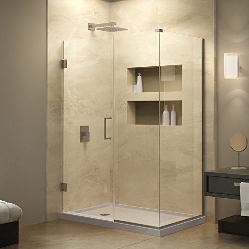 DreamLine Unidoor Plus 57 1/2 in. W x 34 3/8 in. D x 72 in. H Frameless Hinged Shower Enclosure, Clear Glass, Brushed Nickel