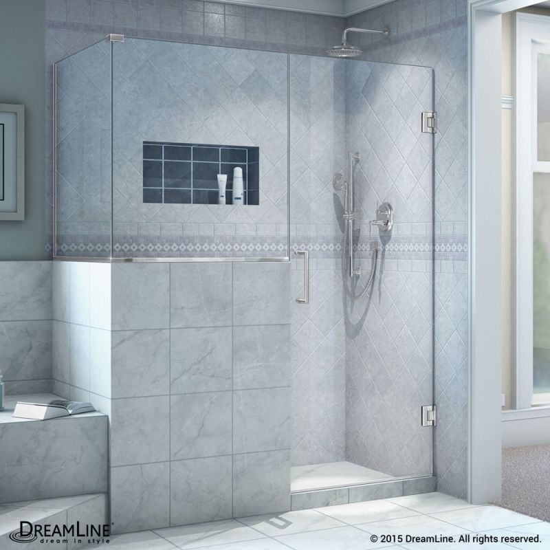 DreamLine Unidoor Plus 59 in. W x 30 3/8 in. D x 72 in. H Frameless Hinged Shower Enclosure, Clear Glass, Chrome