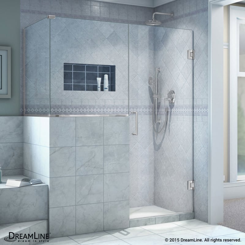 DreamLine Unidoor Plus 57 in. W x 30 3/8 in. D x 72 in. H Frameless Hinged Shower Enclosure, Clear Glass, Chrome