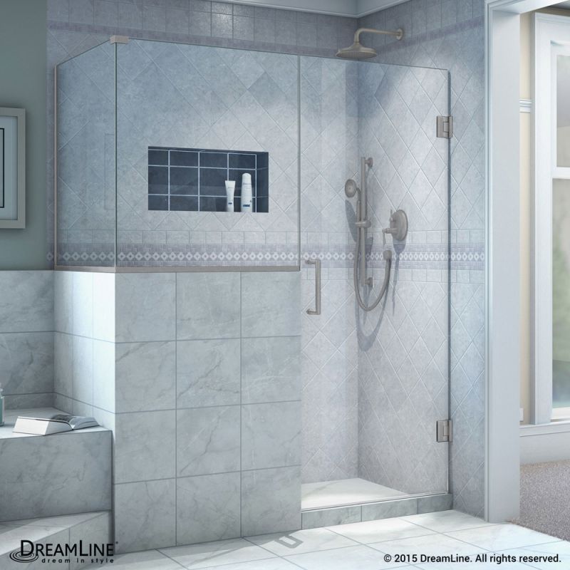 DreamLine Unidoor Plus 58 in. W x 30 3/8 in. D x 72 in. H Frameless Hinged Shower Enclosure, Clear Glass, Brushed Nickel