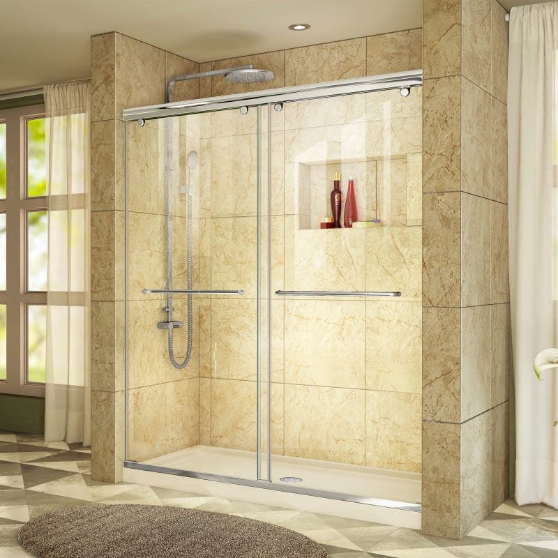 DreamLine Charisma 30 in. D x 60 in. W x 78 3/4 in. H Bypass Shower Door in Chrome with Center Drain Biscuit Base Kit