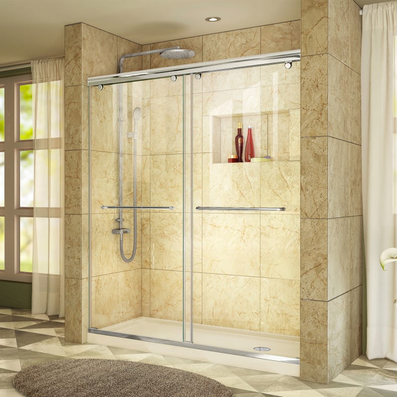 DreamLine Charisma 30 in. D x 60 in. W x 78 3/4 in. H Bypass Shower Door in Chrome with Right Drain Biscuit Base Kit