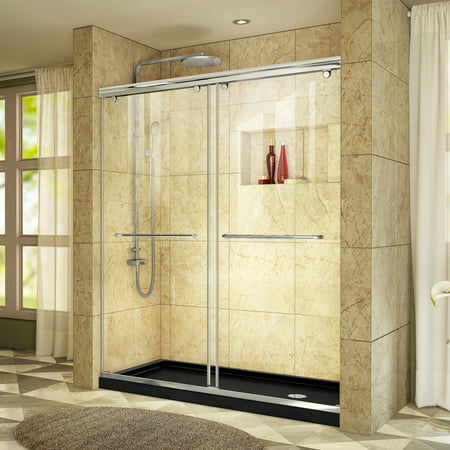 DreamLine Charisma 30 in. D x 60 in. W x 78 3/4 in. H Bypass Shower Door in Chrome with Right Drain Black Base Kit
