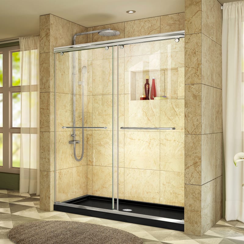 DreamLine Charisma 36 in. D x 60 in. W x 78 3/4 in. H Bypass Shower Door in Chrome with Center Drain Black Base Kit