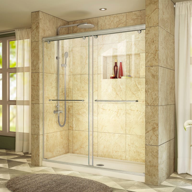 DreamLine Charisma 30 in. D x 60 in. W x 78 3/4 in. H Bypass Shower Door in Brushed Nickel with Center Drain Biscuit Base Kit