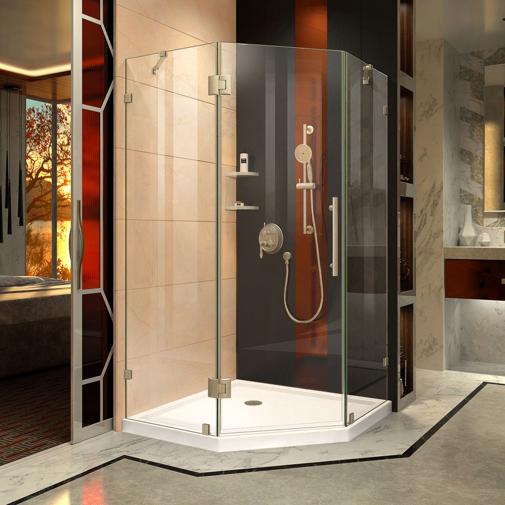 DreamLine Prism Lux 38 in. D x 38 in. W x 74 3/4 in. H Hinged Shower Enclosure in Chrome with Corner Drain White Base Kit