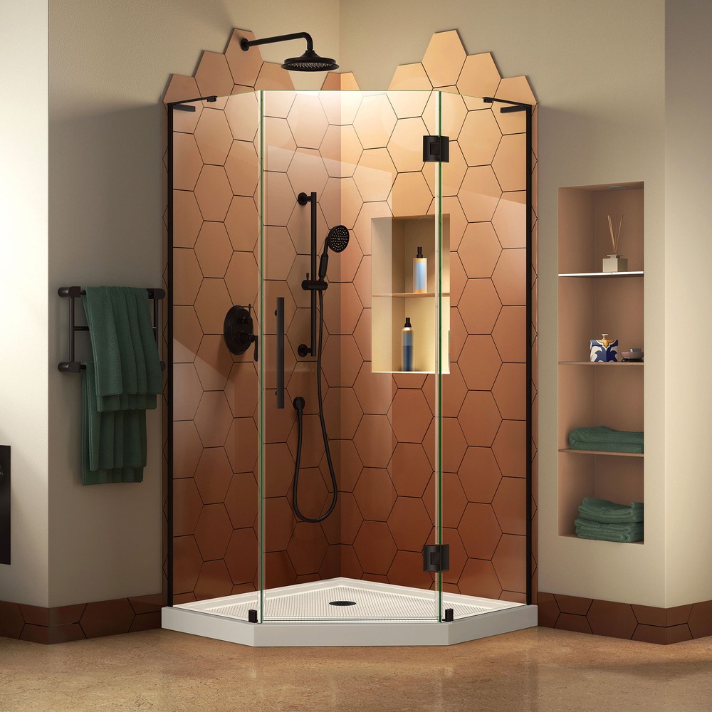 DreamLine Prism Plus 36 in. D x 36 in. W x 74 3/4 in. H Hinged Shower Enclosure in Oil Rubbed Bronze with Corner Drain White Bas