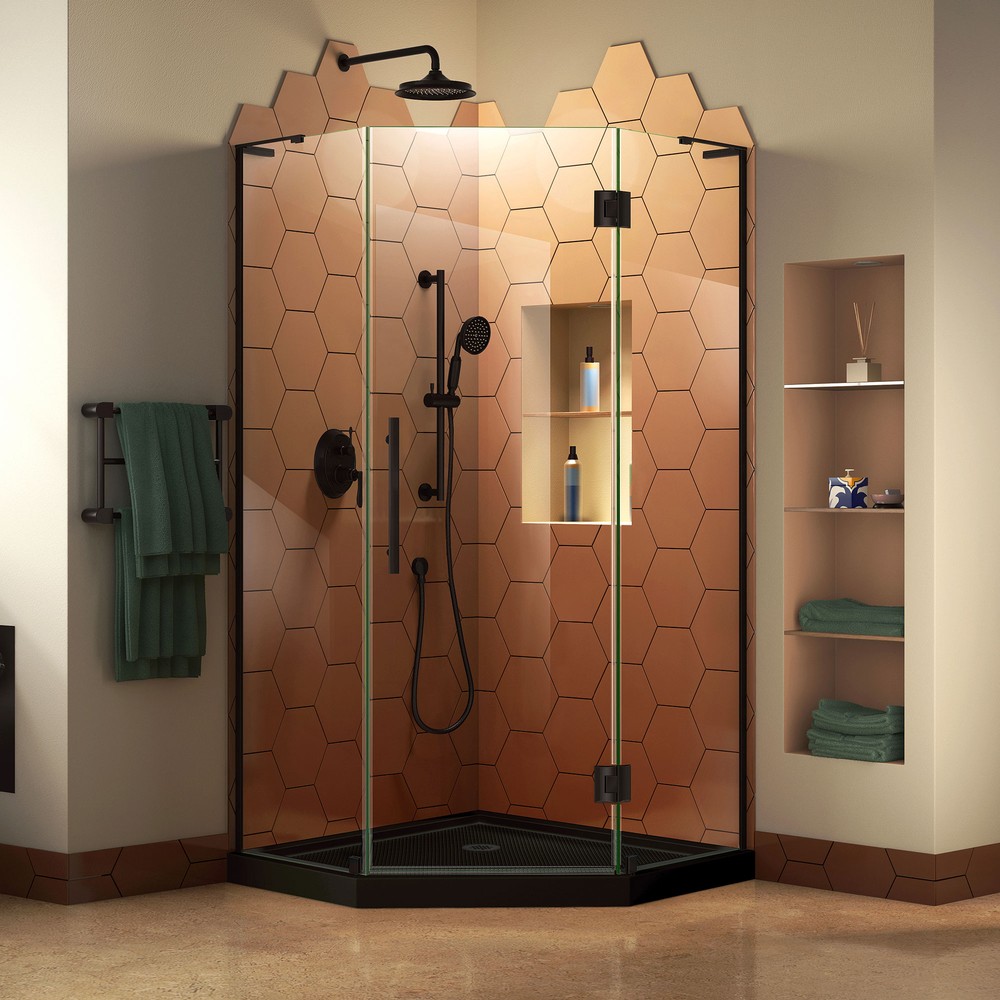 DreamLine Prism Plus 38 in. D x 38 in. W x 74 3/4 in. H Hinged Shower Enclosure in Chrome with Corner Drain Black Base