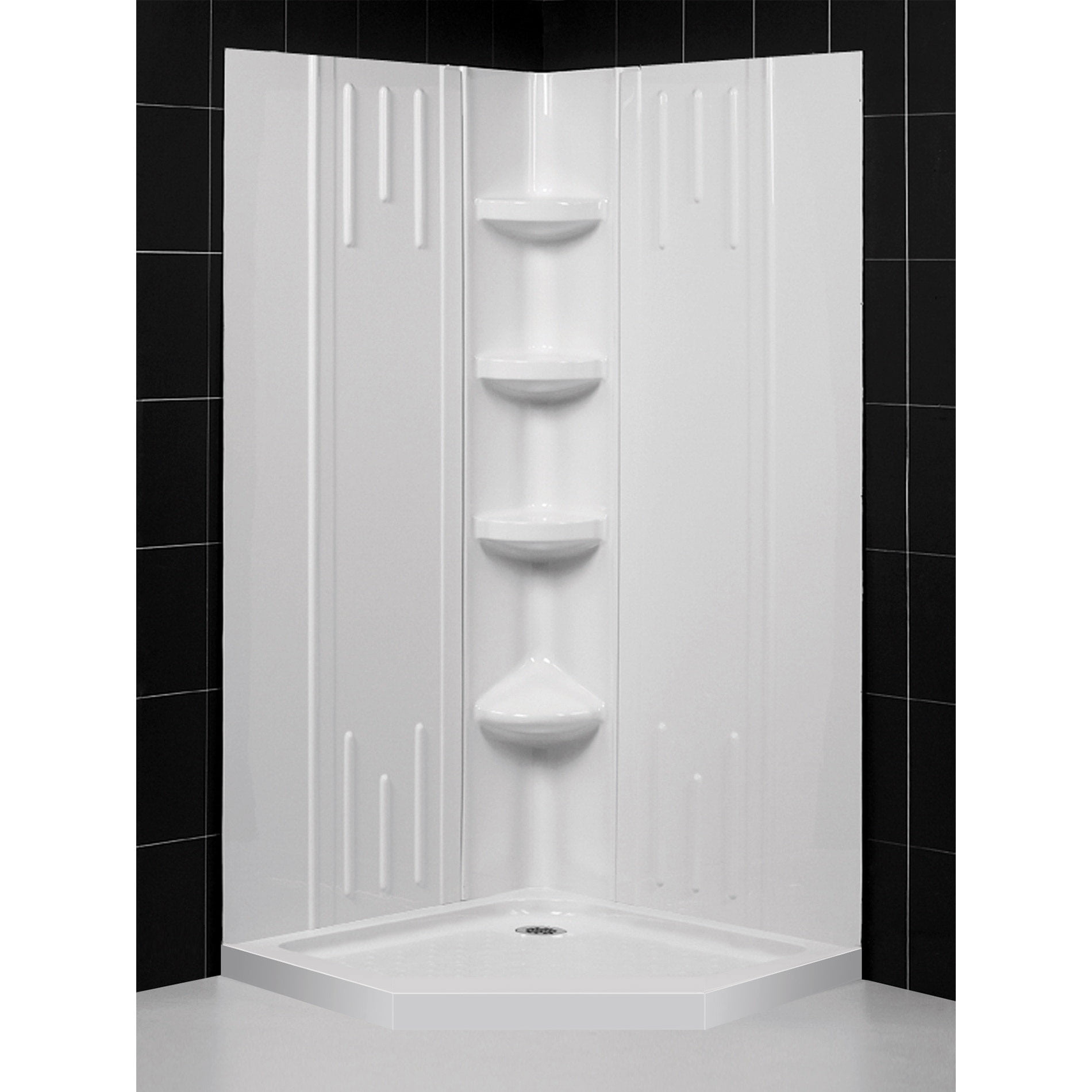 DreamLine 42 in. x 42 in. x 75 5/8 in. H Neo-Angle Shower Base and QWALL-2 Acrylic Corner Backwall Kit in White