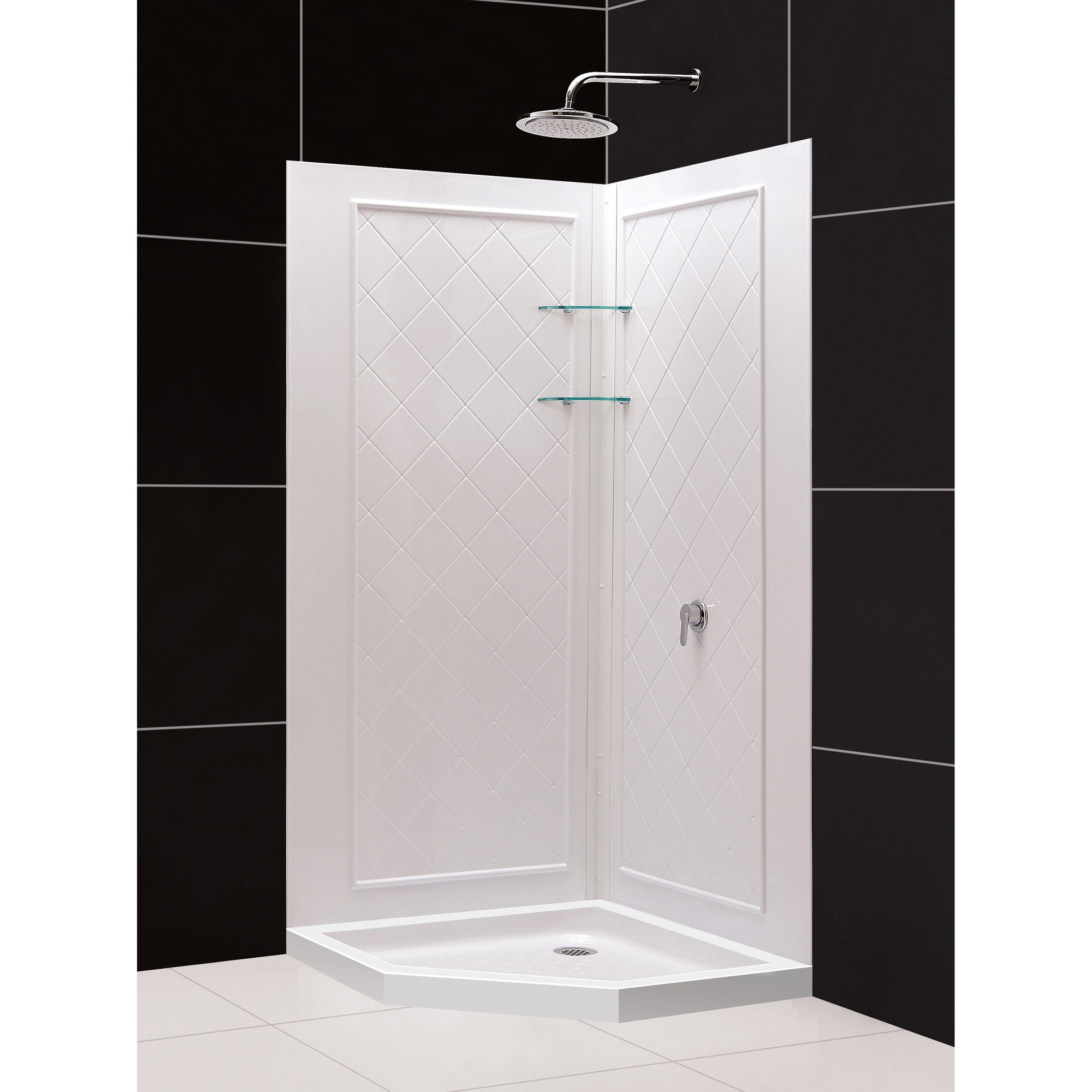 DreamLine 36 in. x 36 in. x 76 3/4 in. H Neo-Angle Shower Base and QWALL-4 Acrylic Corner Backwall Kit in White