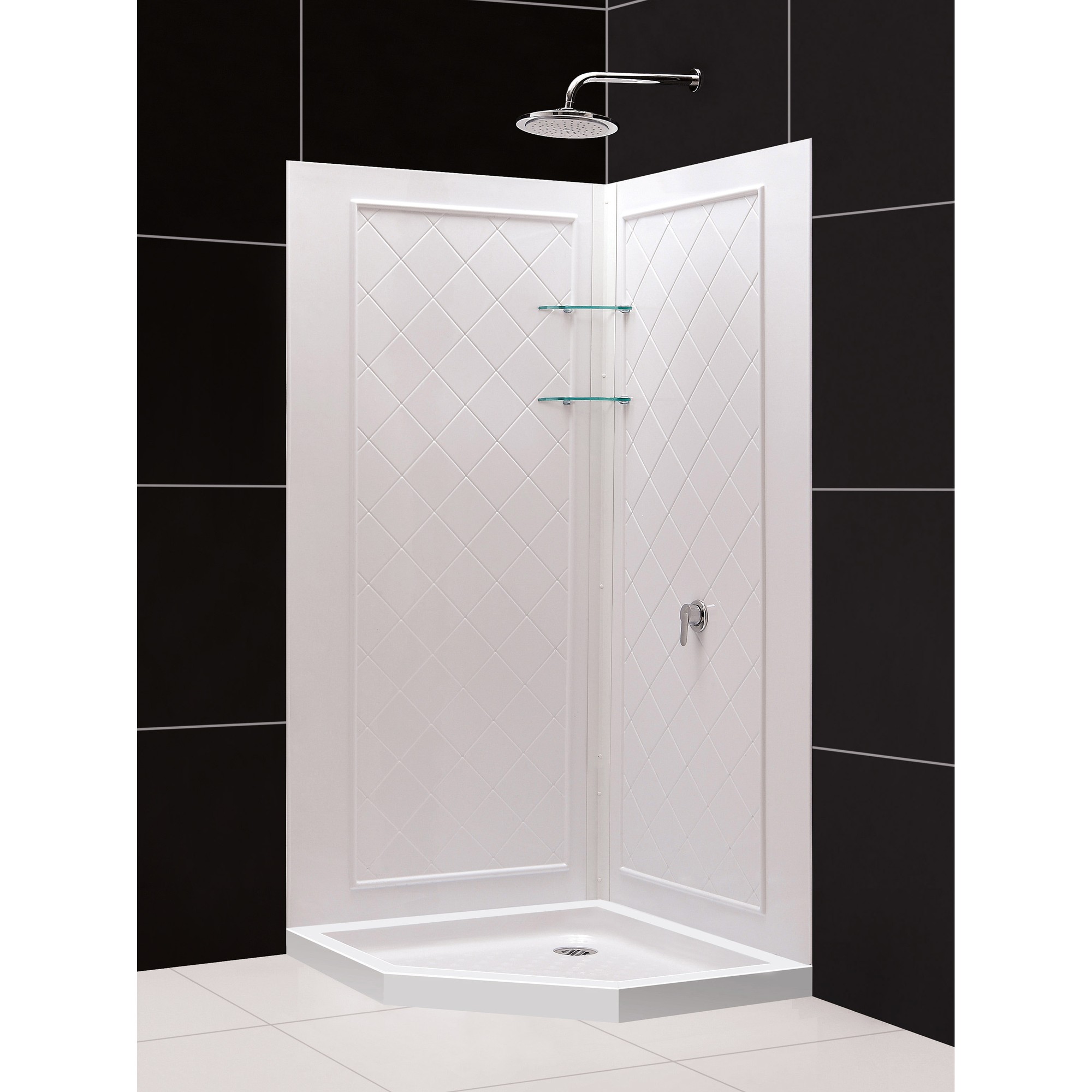 DreamLine 38 in. x 38 in. x 76 3/4 in. H Neo-Angle Shower Base and QWALL-4 Acrylic Corner Backwall Kit in White