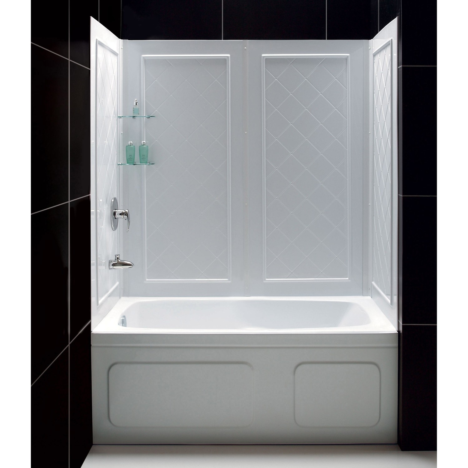 DreamLine 34 in. D x 48 in. W x 76 3/4 in. H Center Drain Acrylic Shower Base and QWALL-5 Backwall Kit In White