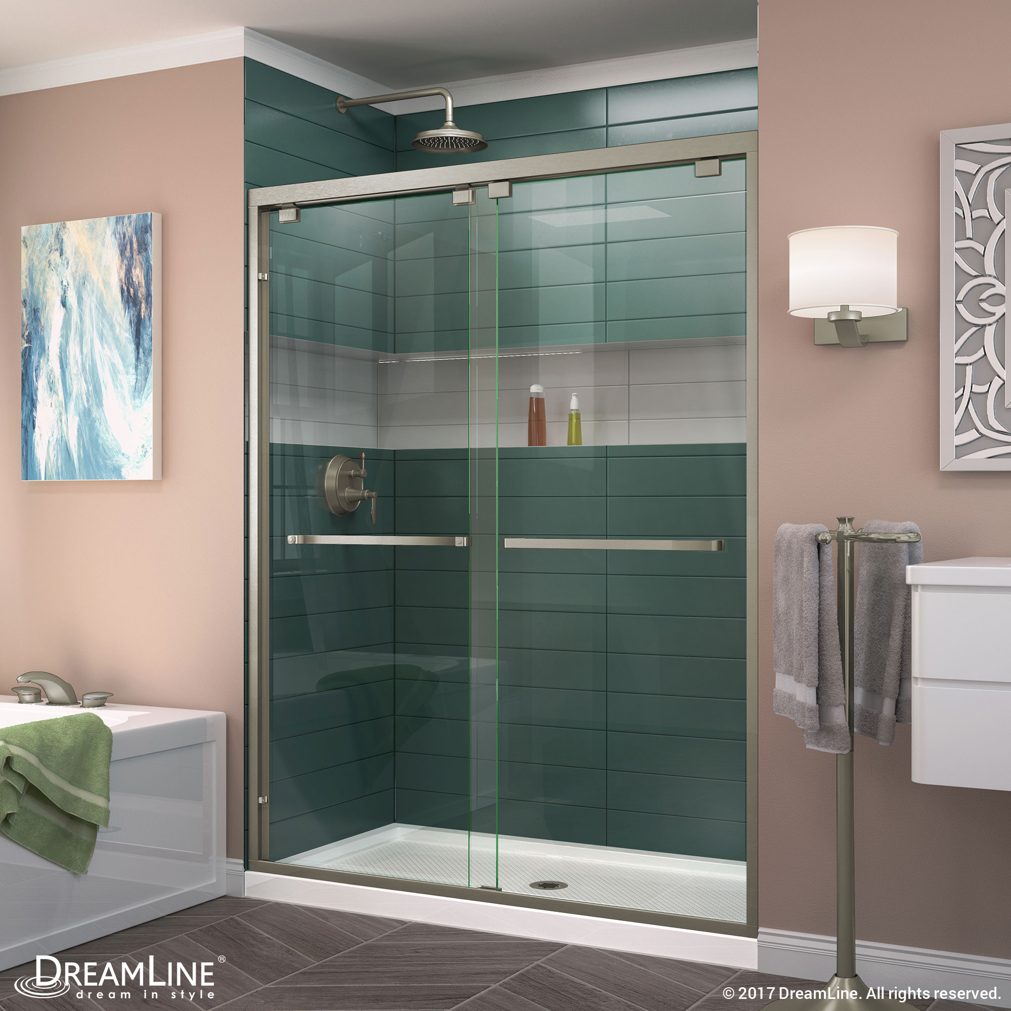 DreamLine Encore 32 in. D x 54 in. W x 78 3/4 in. H Bypass Shower Door in Chrome and Center Drain White Base Kit
