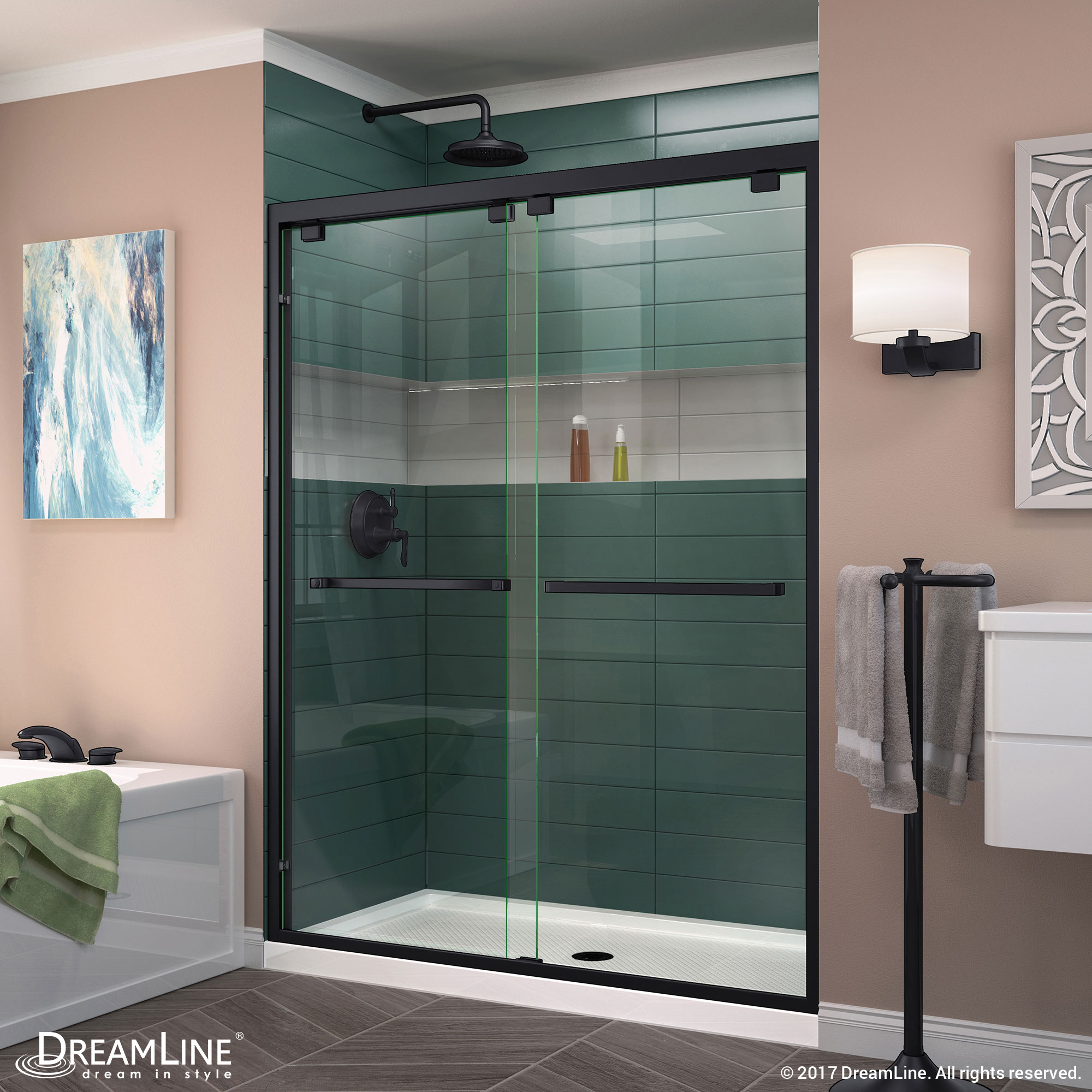 DreamLine Encore 32 in. D x 54 in. W x 78 3/4 in. H Bypass Shower Door in Oil Rubbed Bronze and Center Drain White Base Kit