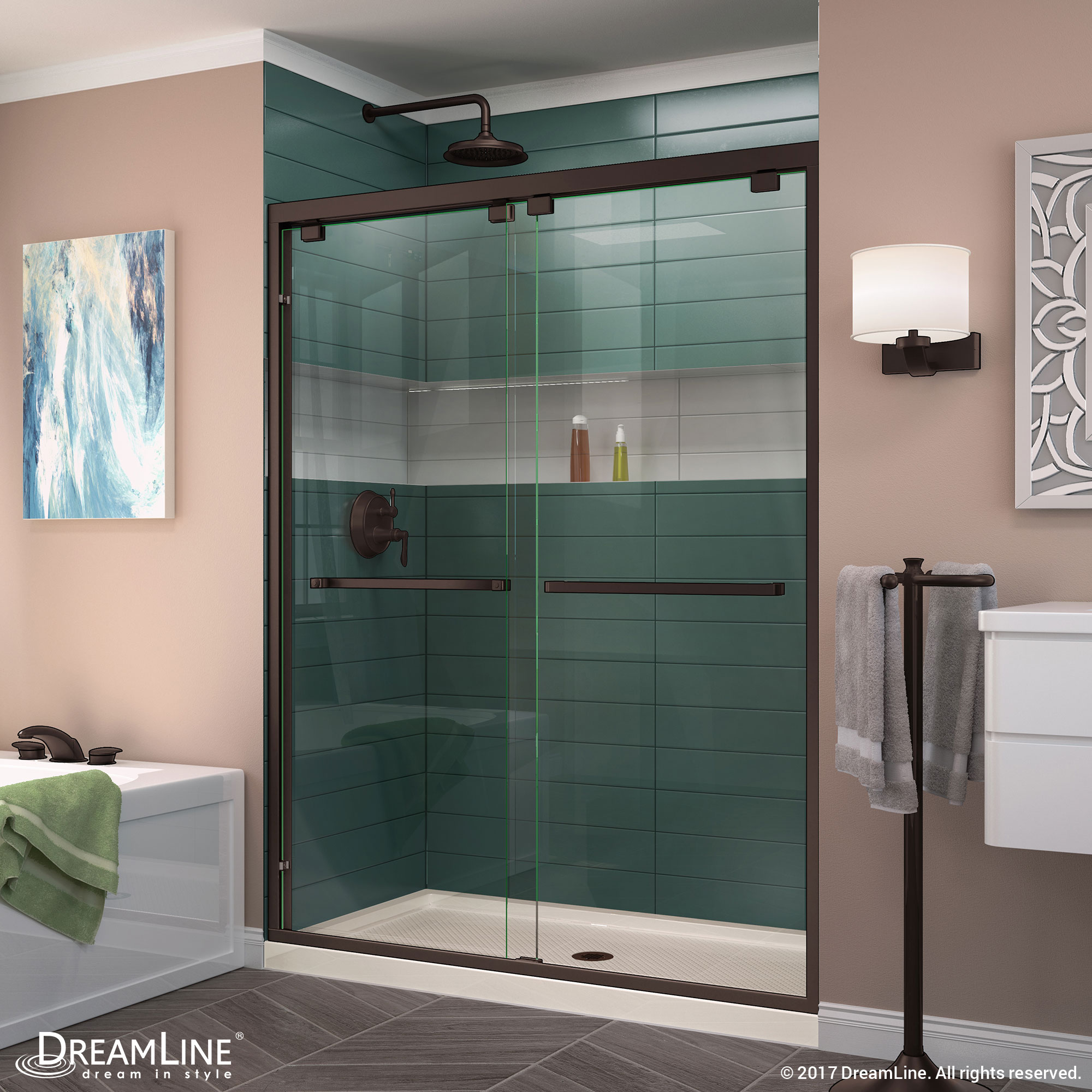 DreamLine Encore 32 in. D x 54 in. W x 78 3/4 in. H Bypass Shower Door in Brushed Nickel and Center Drain Biscuit Base Kit